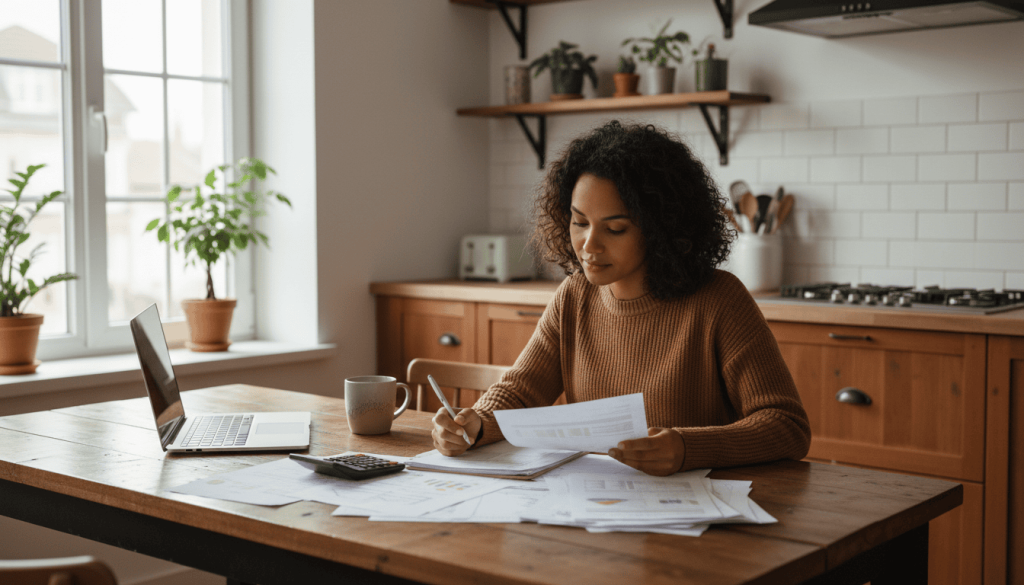 What Is an Installment Loan and How Does It Work? 1 A young woman with curly hair sits at a wooden table, writing on papers with a laptop and calculator nearby.